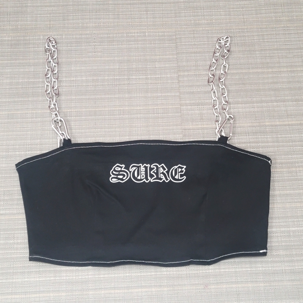 "Sure" Lettering Black Crop Top with Hardware Straps